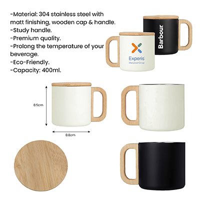 ASHLEY Wooden Handle Stainless Steel Mug – 400ml 8